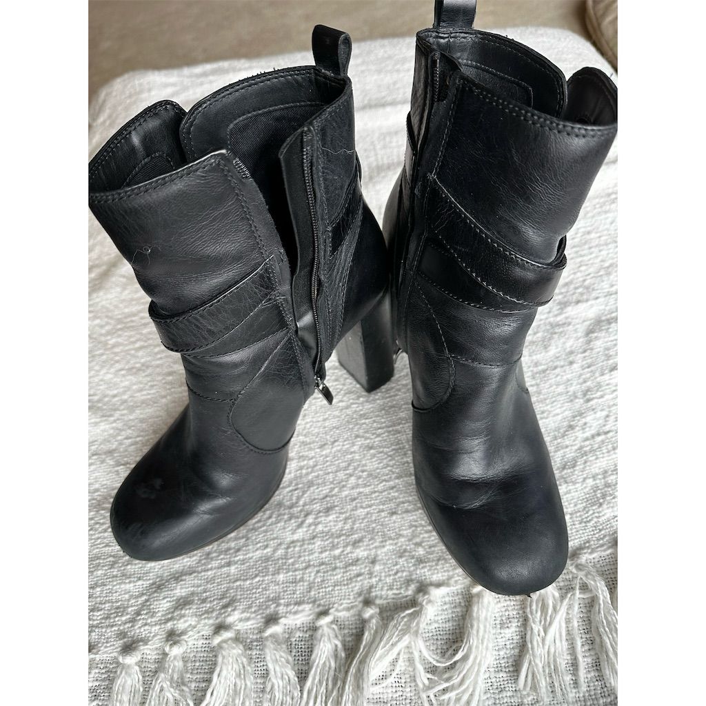 Clarks Women's Black Leather Boot With 3.5 Inch Block Heel & Buckle